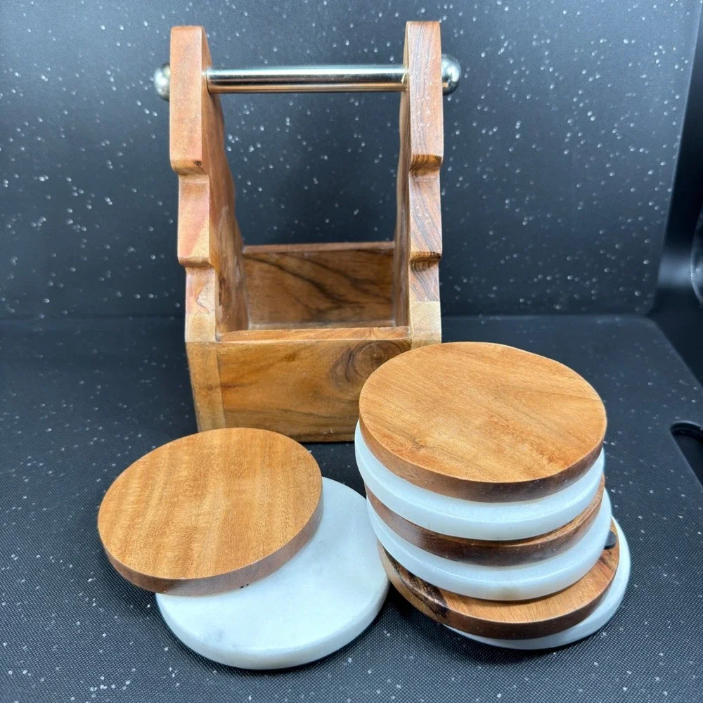 Wood‎ and White Marble Coaster Set of 8 Tree Shaped Caddy Holder Rustic MCM